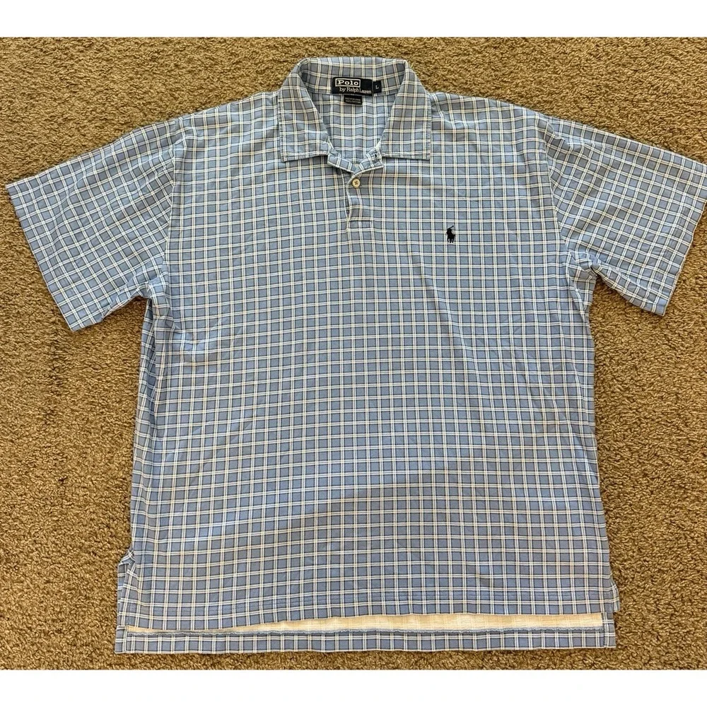 Polo Ralph‎ Lauren Mens Polo Shirt Cotton Blue Plaid Navy Pony Logo Size Large